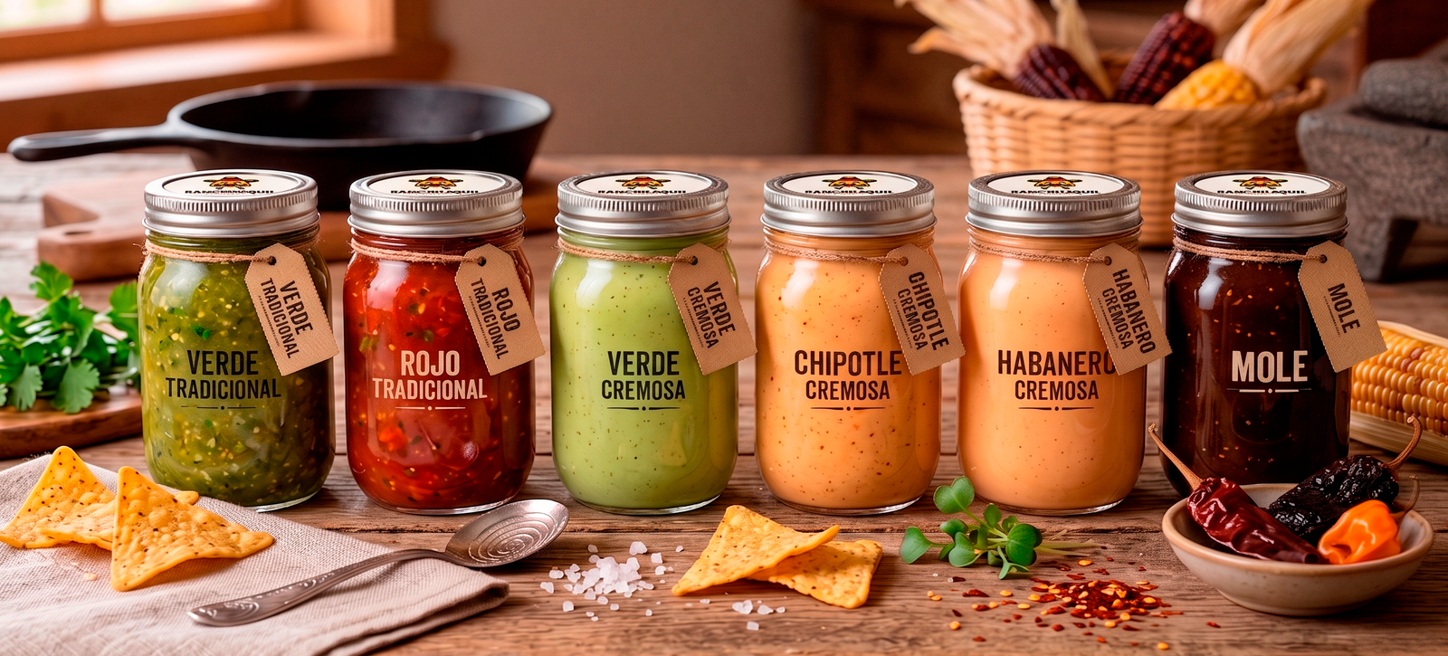 Las 6 salsas artesanales de Ranchilaquil: Verde Tradicional, Roja Tradicional, Verde Cremosa, Chipotle Cremosa, Habanero Cremosa y Mole